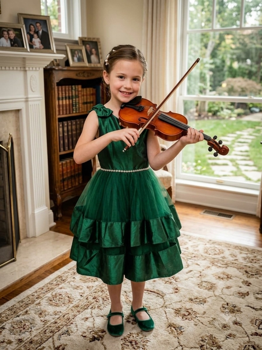 Bonnie Jean Deep Green Satin Bow Dress New Whithout Label